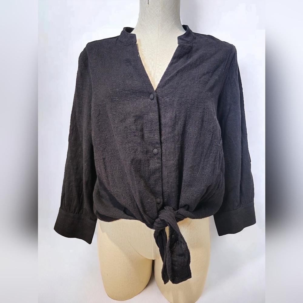 Inc International Concepts Women's Black Front Tie Blouse [L]